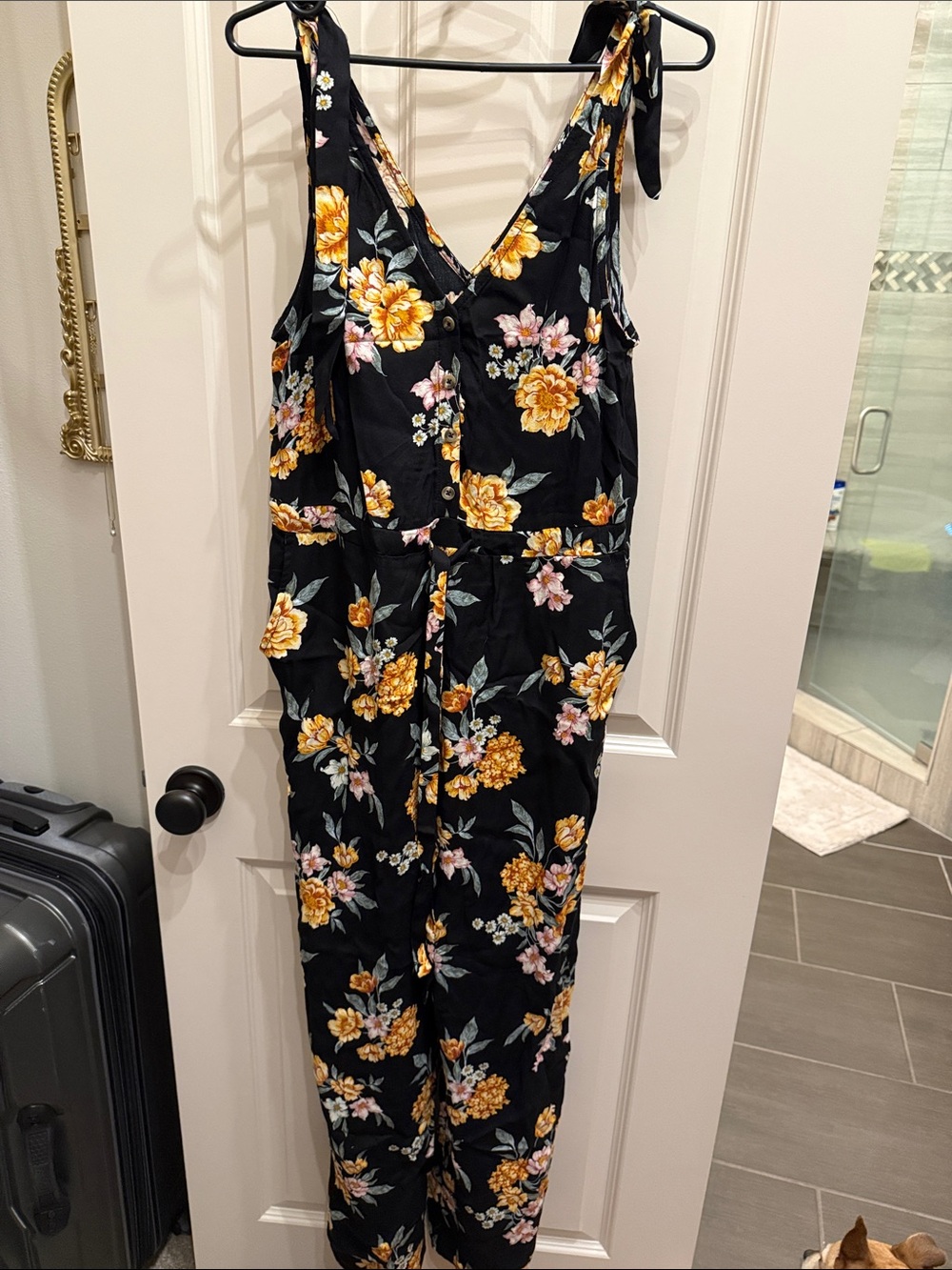 Target Black Floral Tie-Shoulder Jumpsuit with Yellow & Pink Blooms